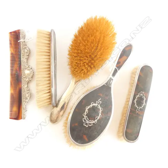 SET OF 4 STG SILVER & TORTOISESHELL BRUSHES, B'HAM 1917 + 1 OTHER