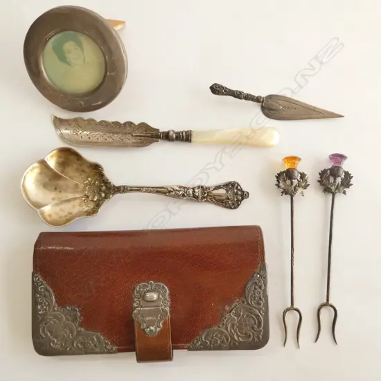 7 PCES ASST. SILVER; CUTLERY, WALLET, FRAME ETC