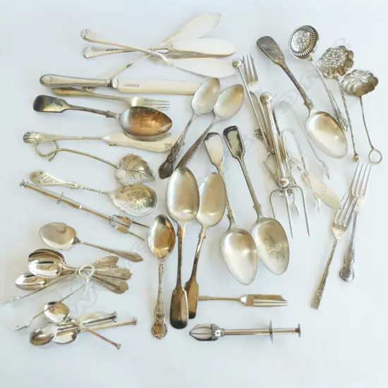BAG OF ASSORTED SILVER PLATE CUTLERY + ONE STG JAM SPOON