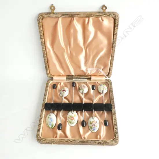 6 CASED ENAMELLED & STG SILVER COFFEE SPOONS W COFFEE BEAN, BIRMINGHAM 1936, 55GM