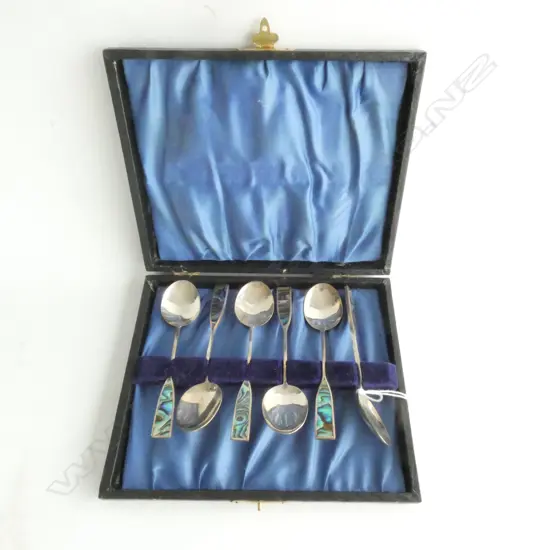 (19645) set 6 NZ SILVER & PAUA COFFEE SPOONS