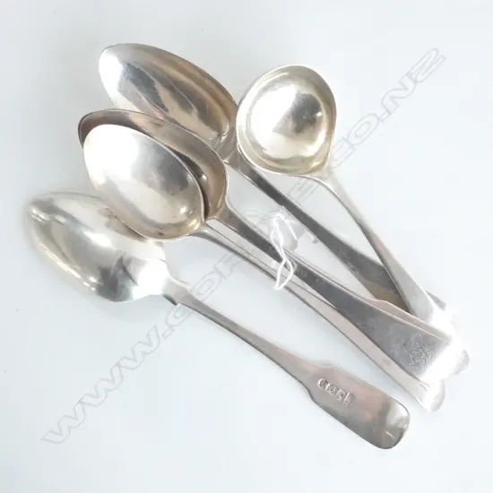 4 STG SILVER SPOONS 2 LONDON 1835, EDINBURGH 1804 & 1810 131 GRAMS SILVER + 2 EP