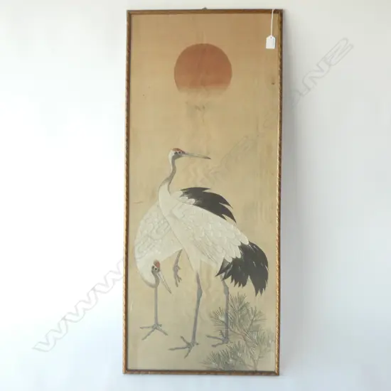 VINTAGE FRAMED SILK PAINTING MANCHURIAN CRANE 1035 X 435MM