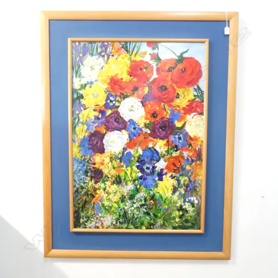 JUDY PARKER, 'RIOT OF RUNUNCULAS', ACRYLIC ON BOARD, SIGNED, 920 X 640MM