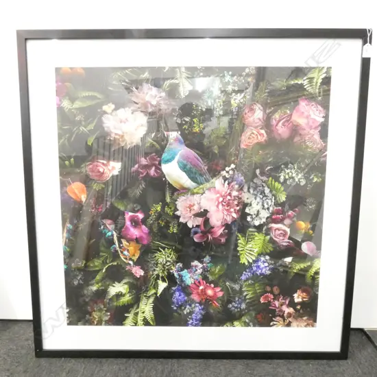 LARGE FRAMED PRINT OF A KERERU AMONG FLOWERS 1M SQ 