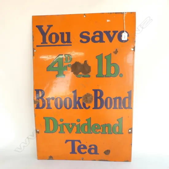 VINTAGE ENAMEL ADVERTISING SIGN  'BROOKE BOND DIVIDEND TEA'  765 X 505MM