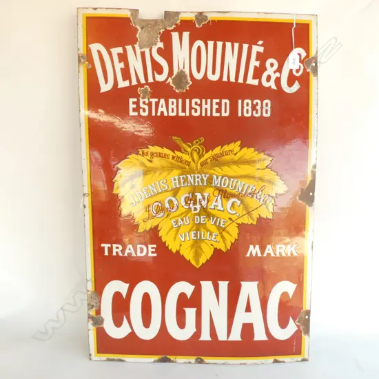 VINTAGE ENAMEL ADVERTISING SIGN, DENIS MOUNIE AND CO. COGNAC 815 X 530MM