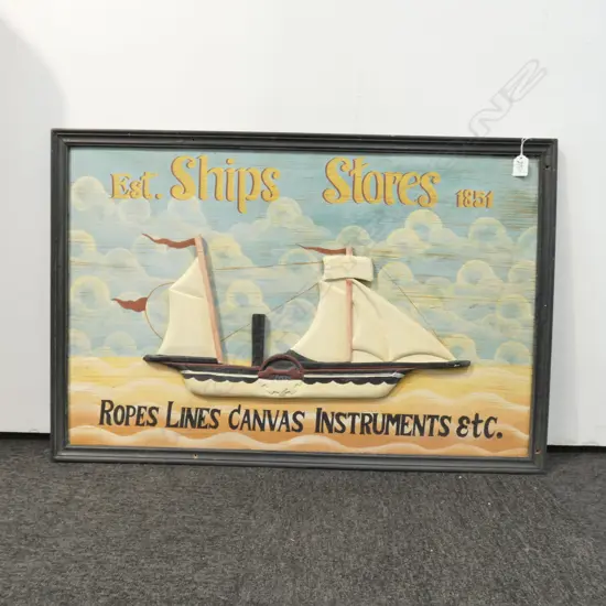 PAINTED WOODEN 'SHIP STORES' ARTWORK 545 X 845MM