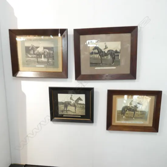 4 OAK FRAMED PHOTOGRAPHS OF THROUGHBRED RACEHORSES & JOCKEYS