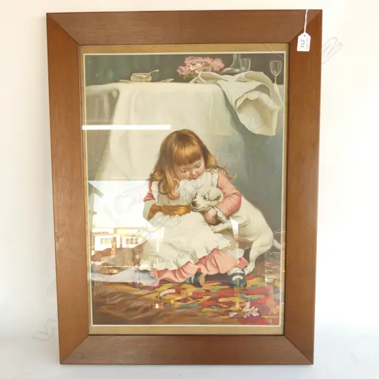 VICTORIAN PRINT GIRL FEEDING DOG OAK FRAME 600 X 425MM AF