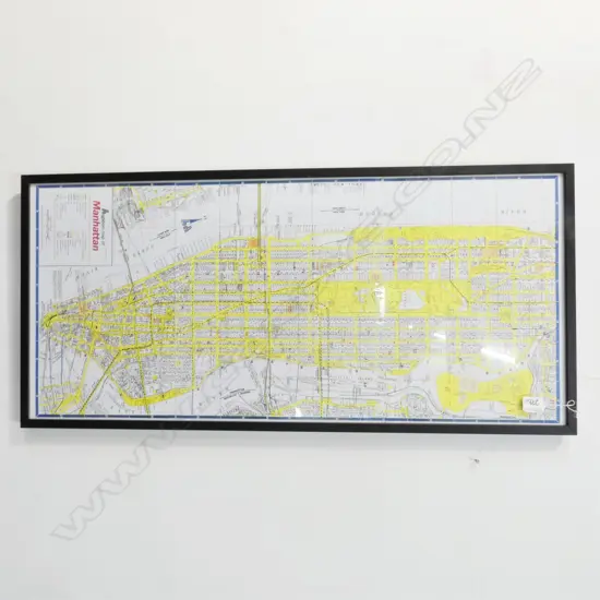 FRAMED MAP OF MANHATTAN, 1990. 390 X 880MM