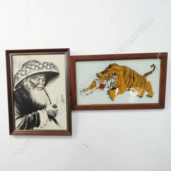 2 FRAMED ARTWORKS: TIGER & OLD MAN PIPE SMOKING