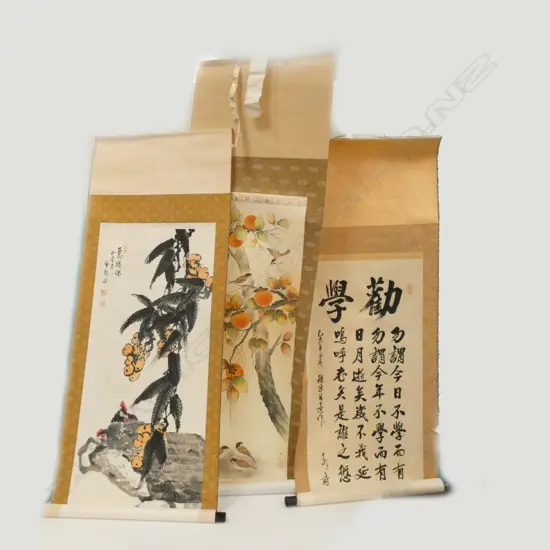 3 CHINESE SCROLLS; PAINTING PERSIMMON & BIRDS (1150 X 680MM)