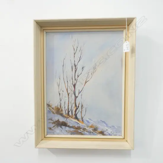 MCKENZIE 'TREES AGAINST SKYLINE CENTRAL OTAGO' OIL ON BOARD. C1968. 380 X 280MM