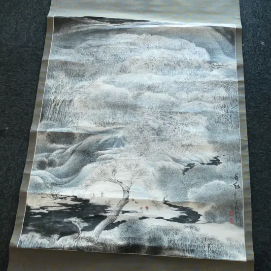 2 ORIENTAL SCROLLS; 1 SM. WILD HORSES, 1 LG WINTER SCENE WITH SKATERS