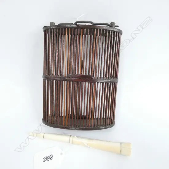 RARE IVORY CRICKET TICKLER IN IVORY CASE, & CANE 2 TIER CRICKET CAGE 