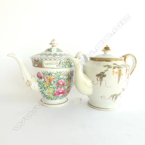 TWO ORIENTAL TEAPOTS, 1 WISTERIA & 1 FAMILLE ROSE, LARGEST H. 190MM