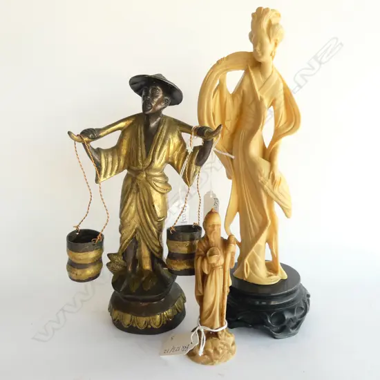 3 ORIENTAL FIGURES; BRONZE WATER CARRIER H. 240MM + 2 RESIN