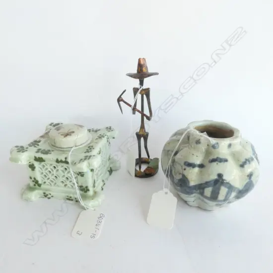 OLD CHINESE VASE, H. 90MM, INK WELL AND JADE MINER FIGURE