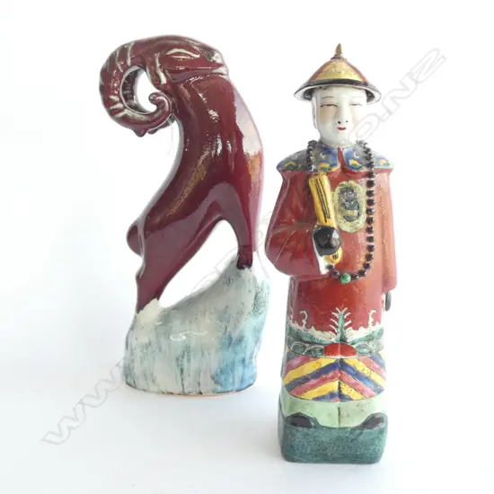 PAIR ORIENTAL FIGURES, GOAT (H. 300MM) TRADITIONAL COSTUMED MALE FIGURE (H.290MM)