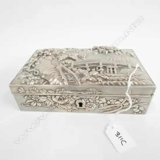 JAPANESE WHITE METAL JEWELLERY BOX L. 185MM