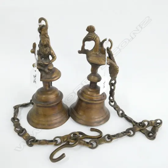 2 NEPALESE BRASS TEMPLE BELLS BIRD / BODHISATTVA FINIAL H. 200MM