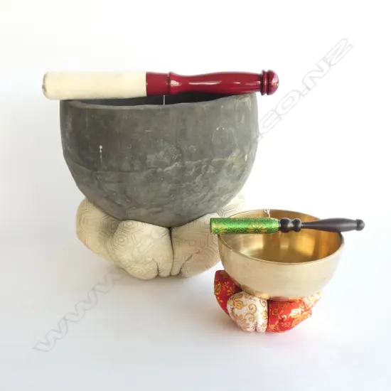 2 TIBETAN SINGING BOWLS LG DIA, 220MM, SM. DIA, 120MM