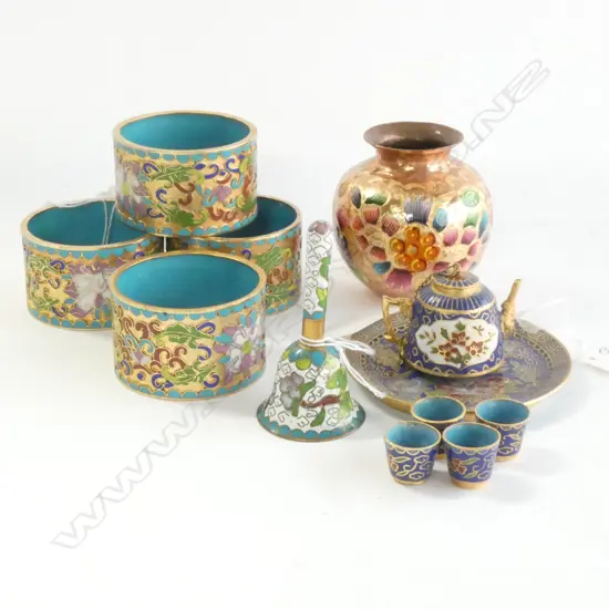 CLOISONNE; 4 NAPKIN RINGS,  MINIATURE BELL (H.62MM) MINIATURE TEASET ON TRAY & COPPER PAINTED VASE H.70MM
