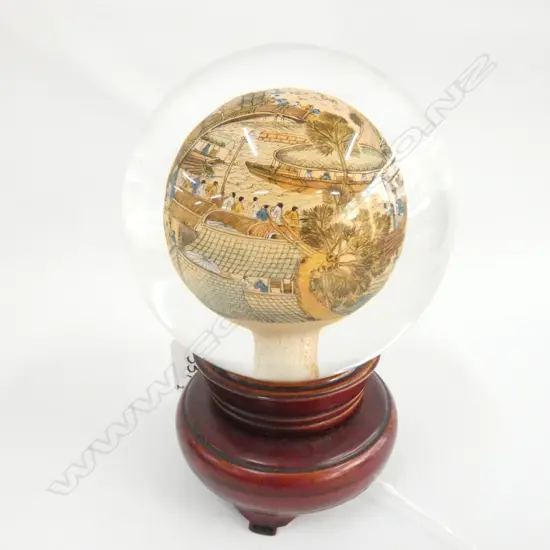 CHINESE REVERSE PAINTED GLASS GLOBE PAPERWEIGHT ON WOODEN STAND H. 165MM