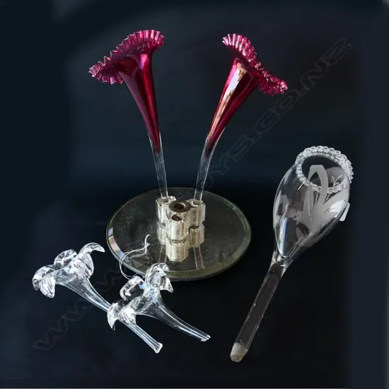 ASSORTED GLASS EPERGNE PIECES; 2 CRANBERRY ON MIRROR STAND 