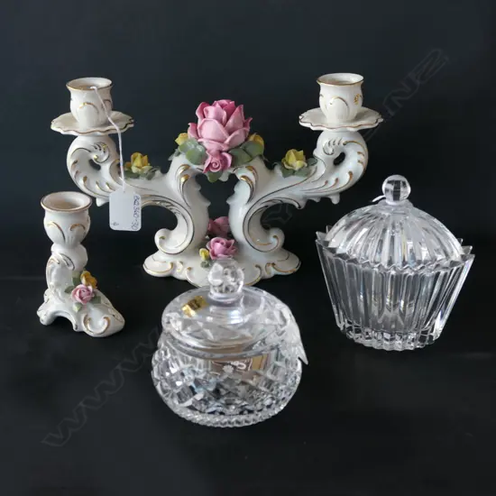 CAPODIMONTE PORCELAIN CANDELABRA, CANDLE HOLDER & 2 GLASS LIDDED BOXES