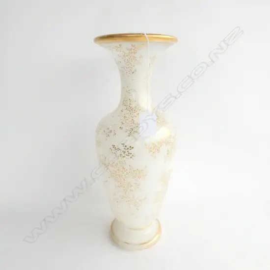 HEAVY MILK GLASS VASE WITH GOLD GILT LEAF DECORATION, H. 350MM