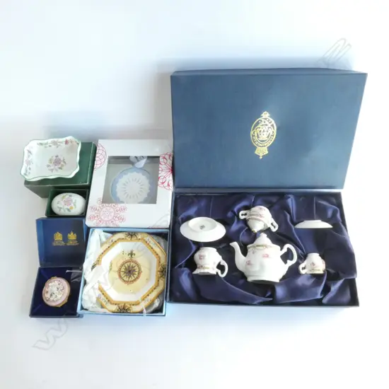 MINIATURE TEASET, WEDGWOOD DISH, CHRISTMAS ORN. 2 MINTON DISHES, HALCYON DAYS ENAMEL BOX