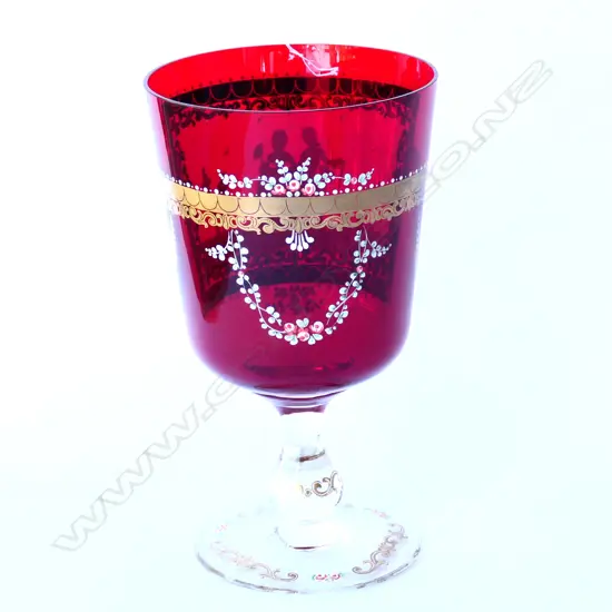 HANDPAINTED RUBY GLASS CHALICE VASE,H. 250MM