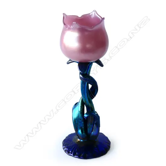 ART NOUVEAU PINK & IRIDESCENT GLASS VASE, H.300MM  DAMAGE TO TOP RIM