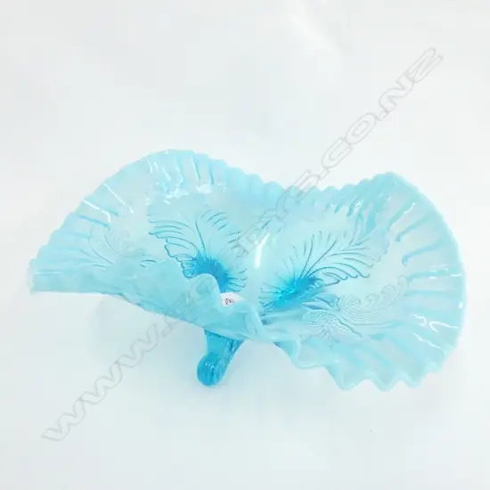 BLUE FRILLED GLASS COMPORT, DUGAN PALM, C1910 DIA. 240MM