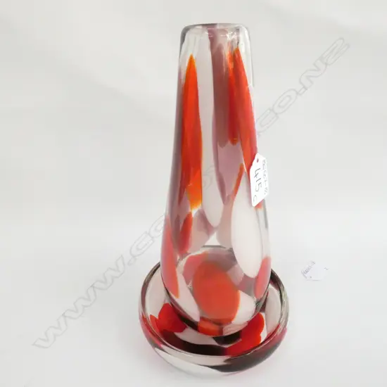 HAND BLOWN GLASS BOWL (DIA. 145MM) & VASE (H.275MM) BLACK RED & WHITE. 