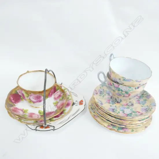 TWO SHELLEY TRIOS + SPARES, PLATE WITH HANDLE & ROYAL ALBERT OLD ENGLISH ROSE GILDED TRIO