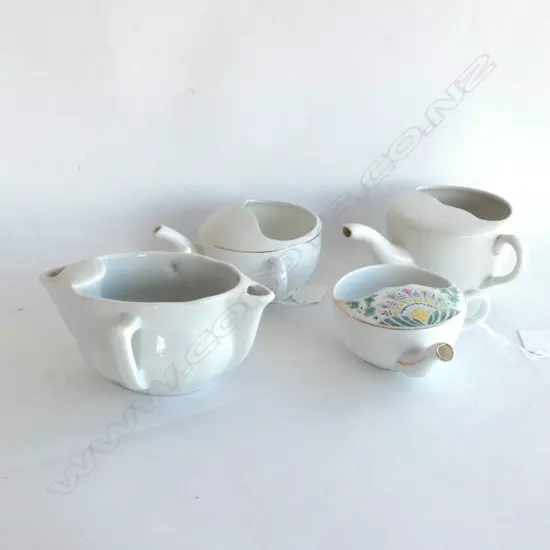 FOUR ANTIQUE FEEDING CUPS INCL. 1 FRENCH, 1 CZECH. LARGEST 155MM