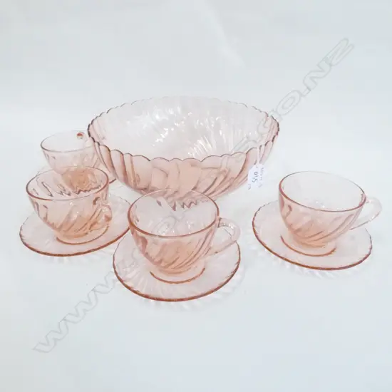 PINK ARCOROC FRANCE PUNCH BOWL CUPS + SAUCERS