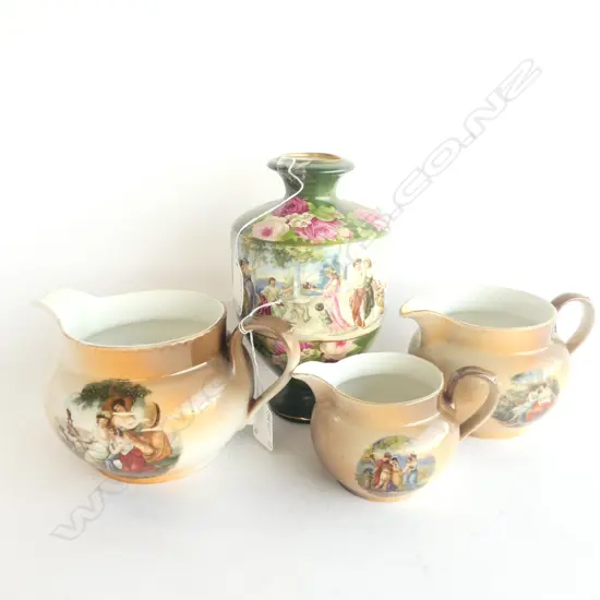 THREE VICTORIA CHINA GRADUATED JUGS (LARGEST H 105MM)  & ONE EUROPEAN VASE, H. 195MM