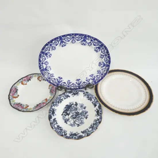 FOUR OLD BLUE & WHITE PLATES, LARGEST L. 330MM