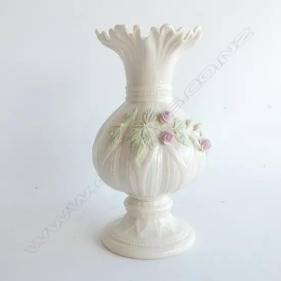 BELLEEK APPLIED FLOWER VASE, REPAIRS, H. 205MM