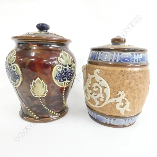 2 ROYAL DOULTON LAMBETH LIDDED JARS ONE WITH FAULTS H 160 MM