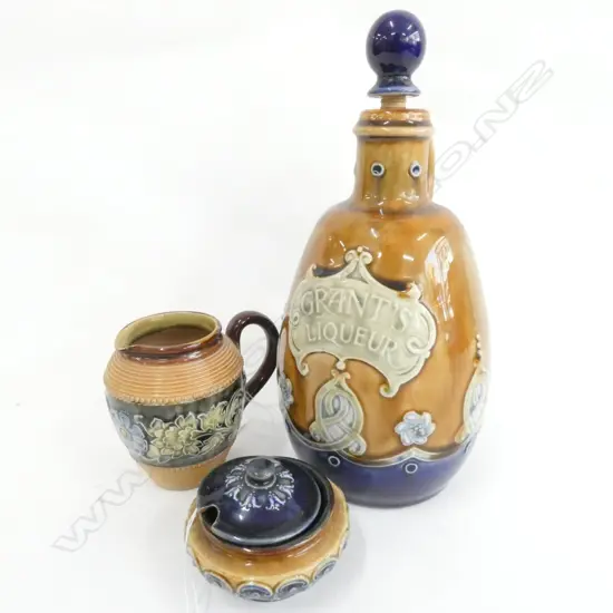DOULTON LAMBETH GRANTS LIQUEUR FLASK H 230 MM REPAIR TO HANDLE + SMALL JUG + LIDDED POT