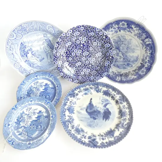 SIX ASSORTED BLUE & WHITE PLATES, INC. BURLEIGH CALICO, LARGEST, DIA. 265MM
