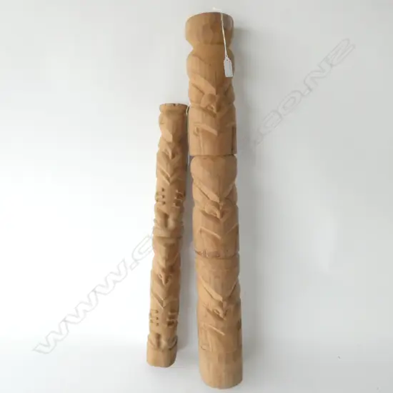 2 BRYAN MCCURRACH UNFINISHED CARVED WOODEN TEKO TEKO POSTS H. 760MM 