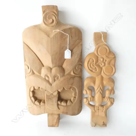 2 BRYAN MCCURRACH CARVED WOODEN PCES; KORURU HEAD H. 470MM & TIKI H. 390MM