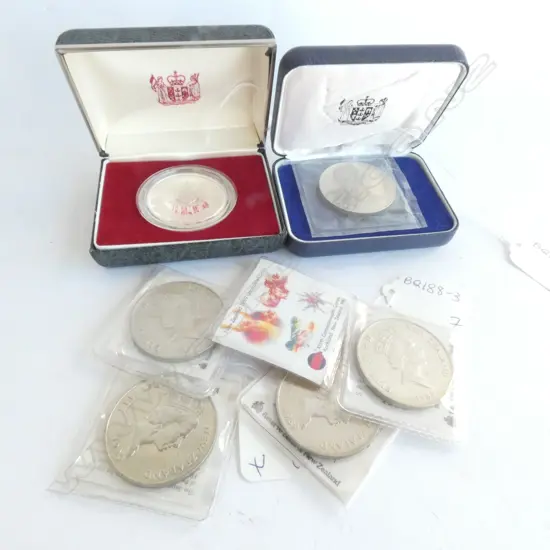 7 NZ $1 COINS;1983 (PROOF), 1975, 3 1990 COMMONWEALTH GAMES & 2 1990 TREATY OF WAITANGI