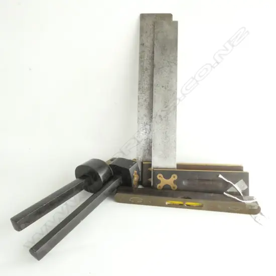 2 EBONY & BRASS MARKING TOOLS, LEVEL & 2 SET SQUARES 